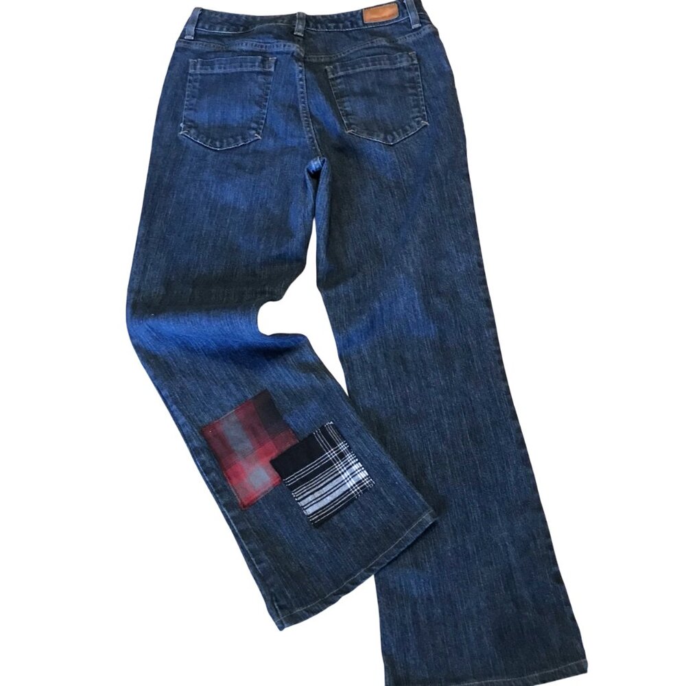 Plaid Flannel Patchwork Jeans, Upcycled Funky Pants Boho Hippie Grunge Size 8 - Picture 4 of 13